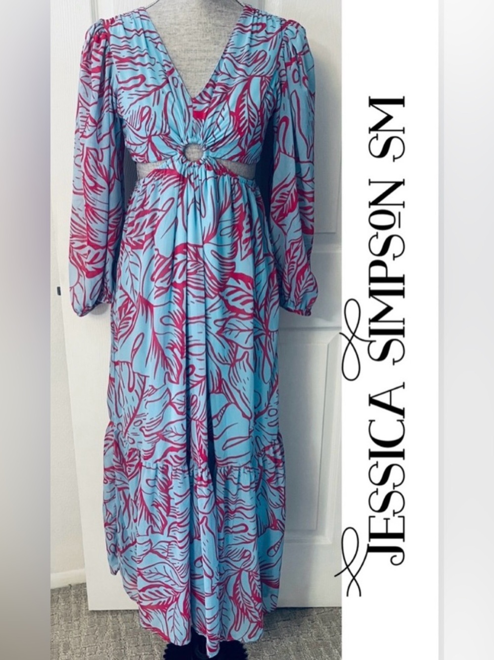 Jessica Simpson Blue and Pink Leaf-Print Maxi Dress with Waist Ring
